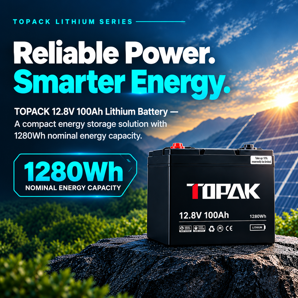 TOPACK LITHIUM SERIES Reliable Power. Smarter Energy. TOPACK 12.8V 100Ah Lithium Battery A compact energy storag solution with 1280Wh nominal energy capacity. 1280Wh